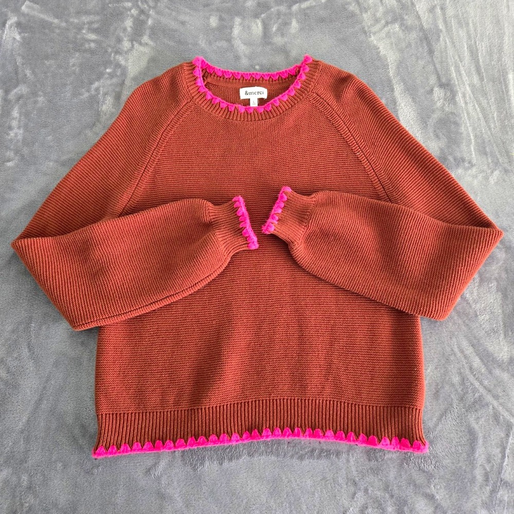 &merci Womens L Brown Pink Solid Knit Crew Neck Raglan Ruffle Pullover Sweater